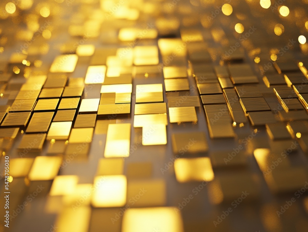 Poster abstract golden squares mosaic pattern reflecting light in a modern futuristic style close up perspe