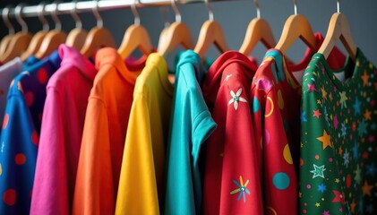 Group of colorful carnival costumes hanging on a rack, ready for a party , textile, preparation