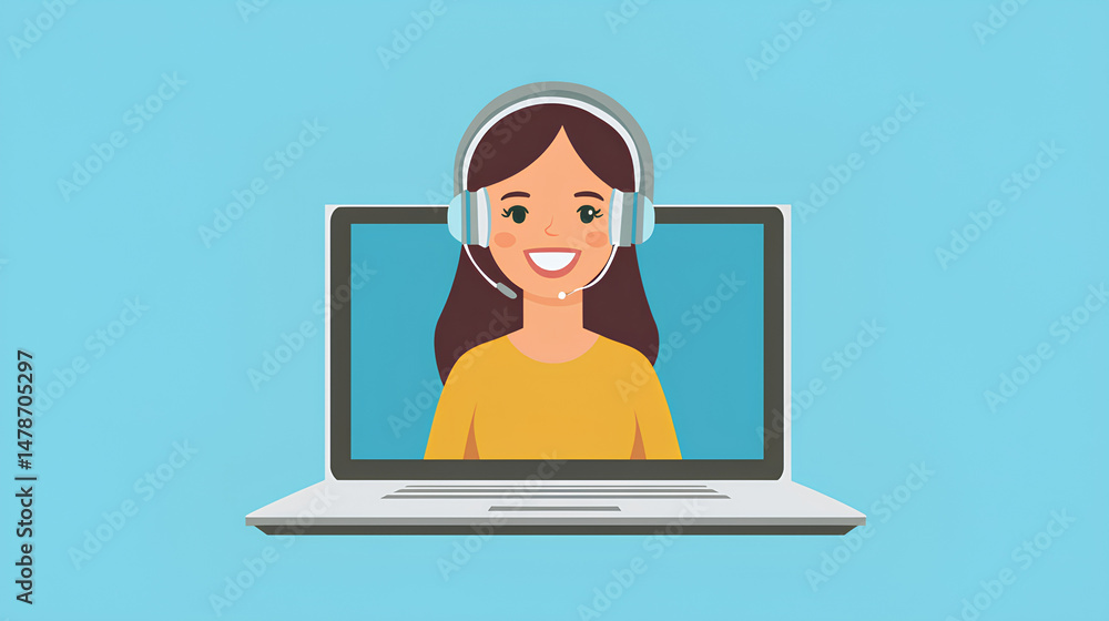 Poster a customer service representative is on the screen of an open and turned on laptop. she is wearing h