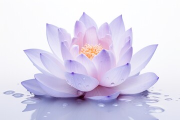 A soft-focus image of a fully bloomed lotus flower in shades of lavender and white, with morning dew droplets on the petals