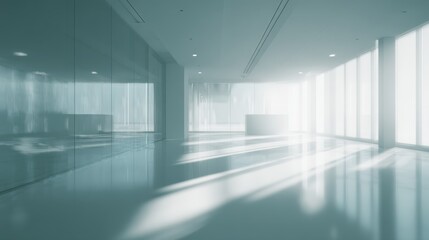 Obraz premium Modern White Office Interior with Soft Diffused Sunlight, Clean Shadows, Abstract Reflections on Glass, Serene and Elegant Atmosphere