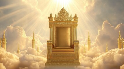 Golden Throne in Heaven with Clouds and Sunlight Symbolizing Power and Authority in a Divine Realm