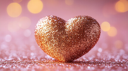 Fototapeta premium A single textured heart made of golden glitter shines brightly, isolated on a sparkling glittery background. The golden glow creates a rich, festive, and elegant feel.