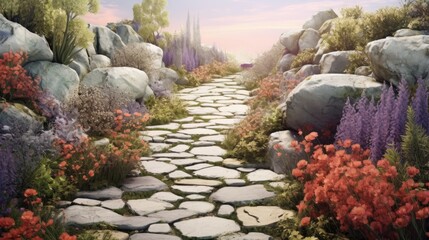 Stone Pathway Through a Colorful Flower Garden

