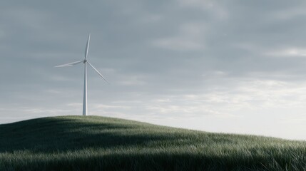 Fototapeta premium Single Minimalist Wind Turbine on Grassy Hill with Clean Modern Design, Overcast Sky, Wide Landscape
