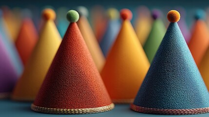 Brightly colored party hats stacked high in a clean background ready for a joyful celebration gathering event