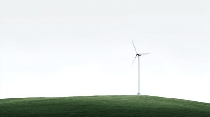 Fototapeta premium Single Minimalist Wind Turbine on Grassy Hill with Clean Modern Design, Overcast Sky, Wide Landscape