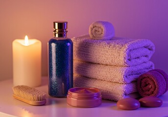 癒やし空間 上品なバスグッズ 輝くキャンドル 清潔なタオル
