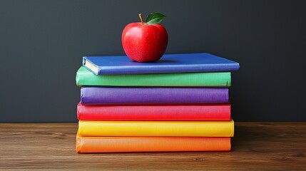 Stack of colorful books with a red apple