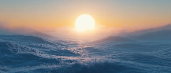 Sunrise over Frozen Ocean Waves Landscape View with Fog and Grass in Foreground Nature Scenery