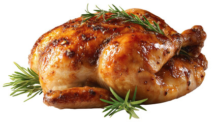 Whole roasted chicken with deep golden crispy skin on clean background