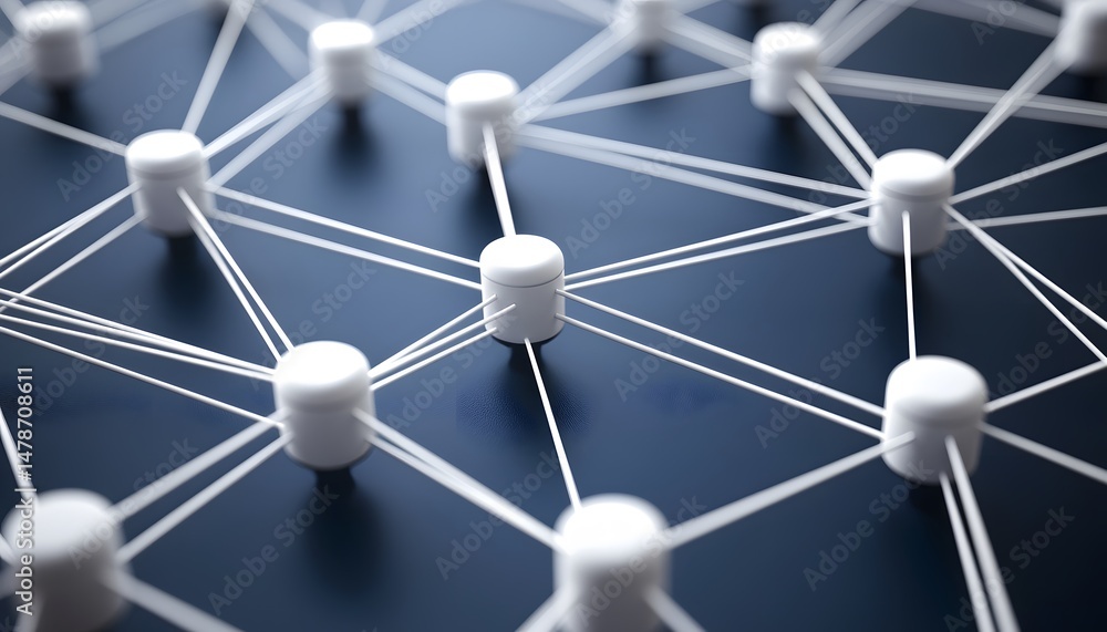Poster abstract network of interconnected circles on a dark background.