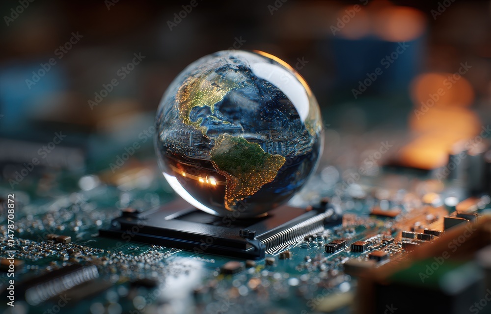 Poster transparent globe resting on a circuit board.