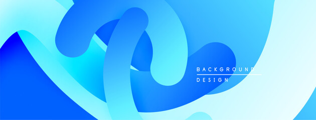 Abstract blue shapes overlap, creating fluid dynamic composition. Gradient shades suggest depth, modern aesthetic.