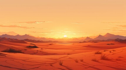 Naklejka premium Vast desert landscape at sunset, dramatic mountains, warm light.