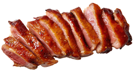 Sliced grilled duck meat arranged in linear presentation on clean surface