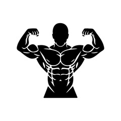Bodybuilder fitness model with muscular physique flexing biceps for gym workout and bodybuilding motivation silhouette