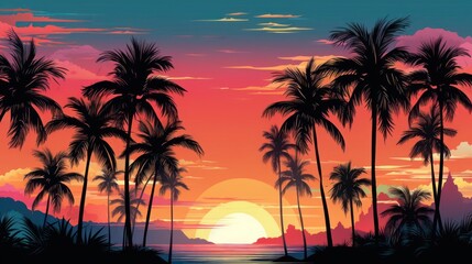 Naklejka premium Tropical sunset with palm trees and ocean view.