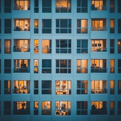 Windows of residential building with people at night. Concept. Night life in windows of multi-storey building. Luminous and dark windows in residential building