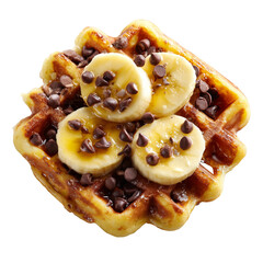 Delicious waffle topped with sliced bananas and chocolate chips, a mouthwatering treat. The waffle has a crispy golden exterior and soft, fluffy interior