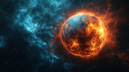 Obraz premium Fiery Planet Exploding in Cosmic Nebula