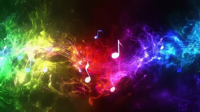 Abstract glowing musical notes sit atop music lines amid dark smoky backgrounds of rainbow colors