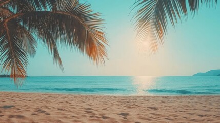 Palm trees, sunset, beach, tranquil ocean view.