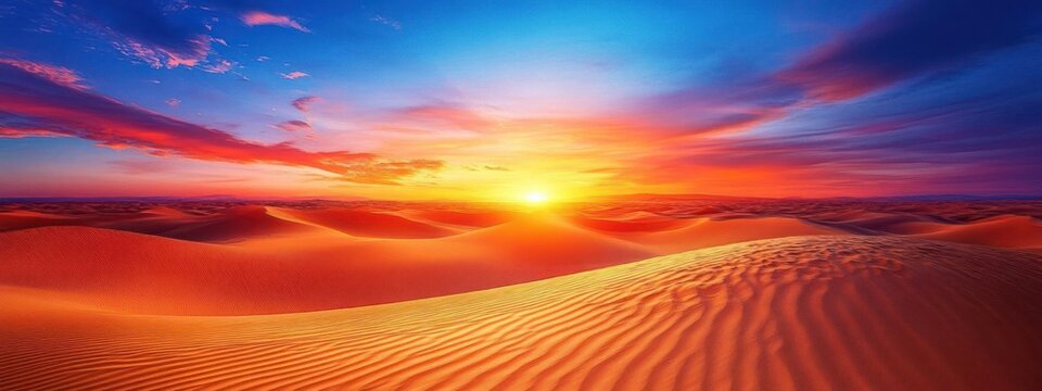 Vibrant desert sunset with rolling sand dunes and colorful sky.