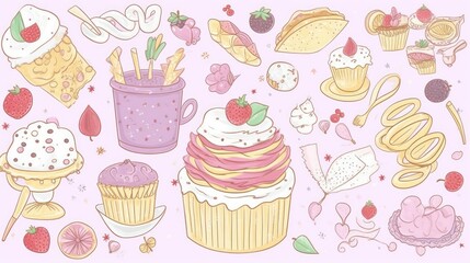 Pastel-toned collection of various sweet treats and desserts.