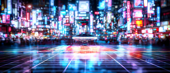 Futuristic Glowing Night Cityscape With Neon Lights