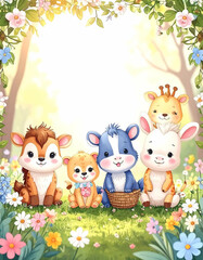 Naklejka premium A cheerful group of cute cartoon animals sitting in a flower-filled meadow.