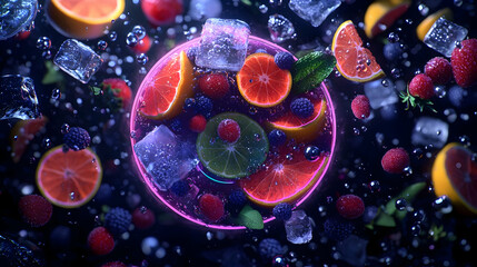 Colorful Fruits Explosion With Neon Circle
