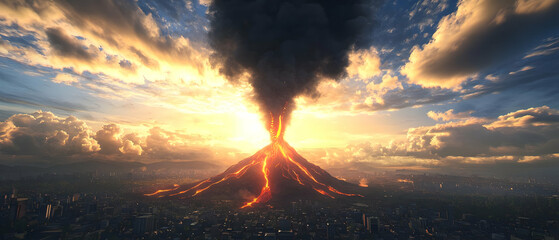 Volcanic Eruption Over Cityscape At Sunset