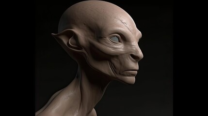 Alien head sculpture, detailed profile view.