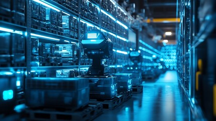Fototapeta premium E commerce warehouse with automated robots managing inventory, efficiency and innovation in supply chain, futuristic logistics operations – high-quality AI image