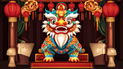 Fototapeta premium and colorful lion statue, symbolizing strength and protection, is prominently displayed festive setting adorned with red lanterns and intricate decorations. This captures essence