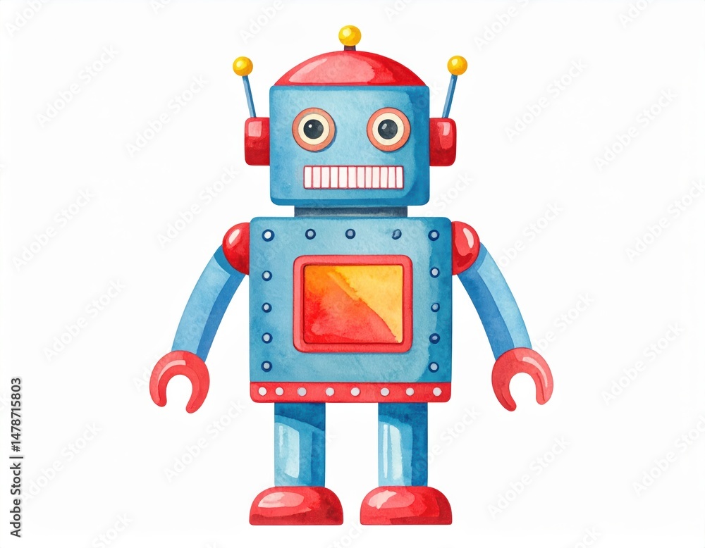 Poster intriguing blue robot with a unique red and yellow nose design, glimpse into the future of robotics