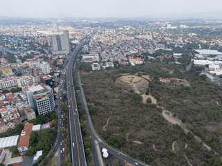 Drone photo of Periferico and Insurgentes zone with a cloverleaf crossing. Mexico City