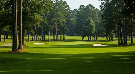 Obraz premium 緑輝くゴルフ場 木々が生い茂る美しいコース