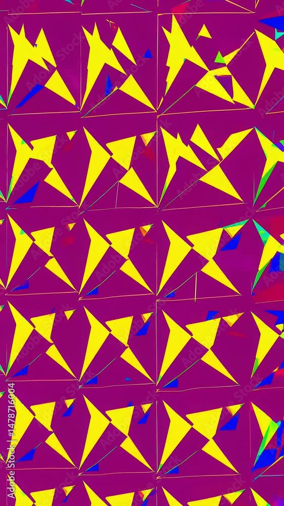 Poster blue triangles, yellow triangles, small blue squares, and pink diamond outlines in a repeating abstr