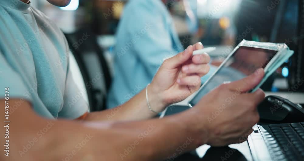 Fototapete Tablet, hand and programmer with person and stylus for gaming developer, code update and design software. Research, backend script and creative project with closeup of employee in agency for planning