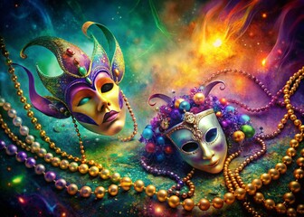 Surreal Watercolor Mardi Gras Beads & Masks Festive Background