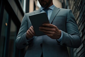 Businessman engrossed in digital tablet, urban setting.