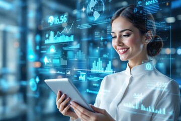 Businesswoman using tablet with futuristic data interface in digital style, blue business background, concept of data analysis and innovation, Ai generative
