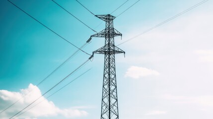 High voltage power transmission tower against a bright blue sky with wispy white clouds.