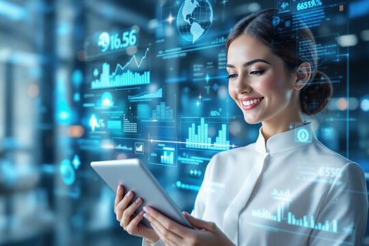 Businesswoman using tablet with futuristic data interface in digital style, blue business background, concept of data analysis and innovation, Ai generative