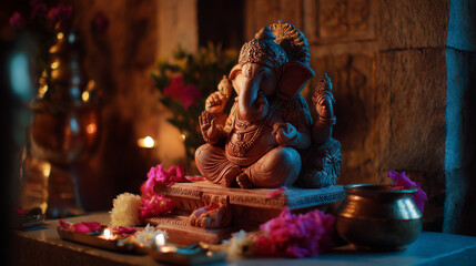 Ganesha (Pillaiyar) placed on a simple altar with fresh flowers around him, Ai generated images