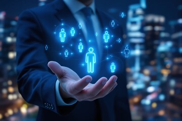 Businessman hand with glowing human icons symbolizing network and HR, digital graphic style, futuristic city background, concept of business management. Ai generative