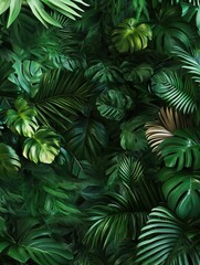 Fototapeta premium Lush Tropical Foliage Abundance Overhead Shot Featuring Monstera Palm and Fern Leaves in a Dense Green Jungle