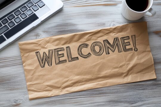 A welcoming message on crumpled kraft paper, with a laptop and coffee cup on a light wooden surface